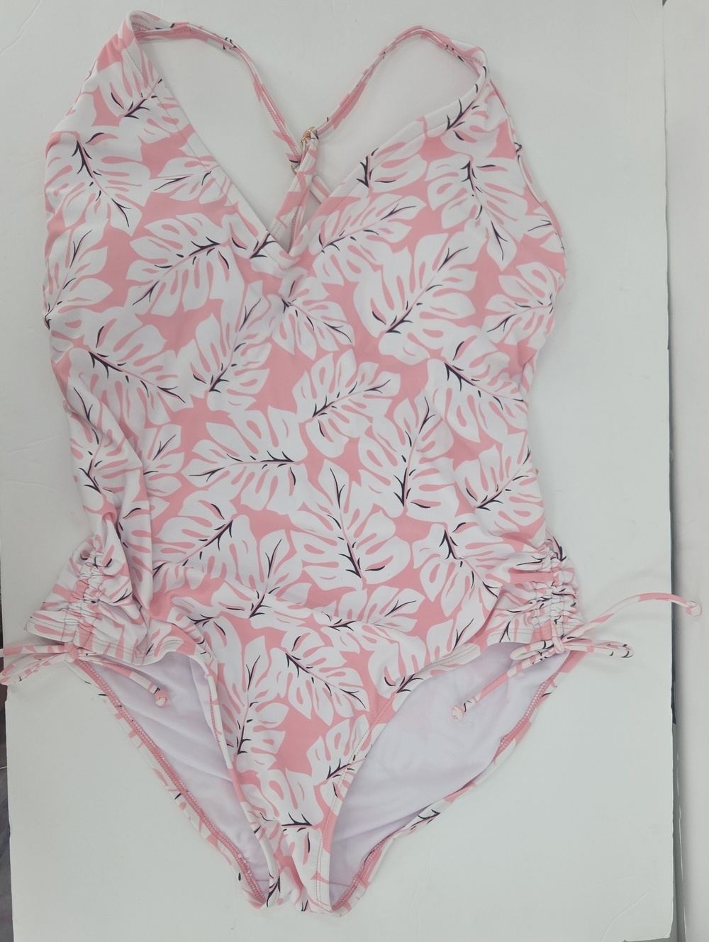 Kona Sol Pink & White Leaf-Print One-Piece Swimsuit with Side Ties